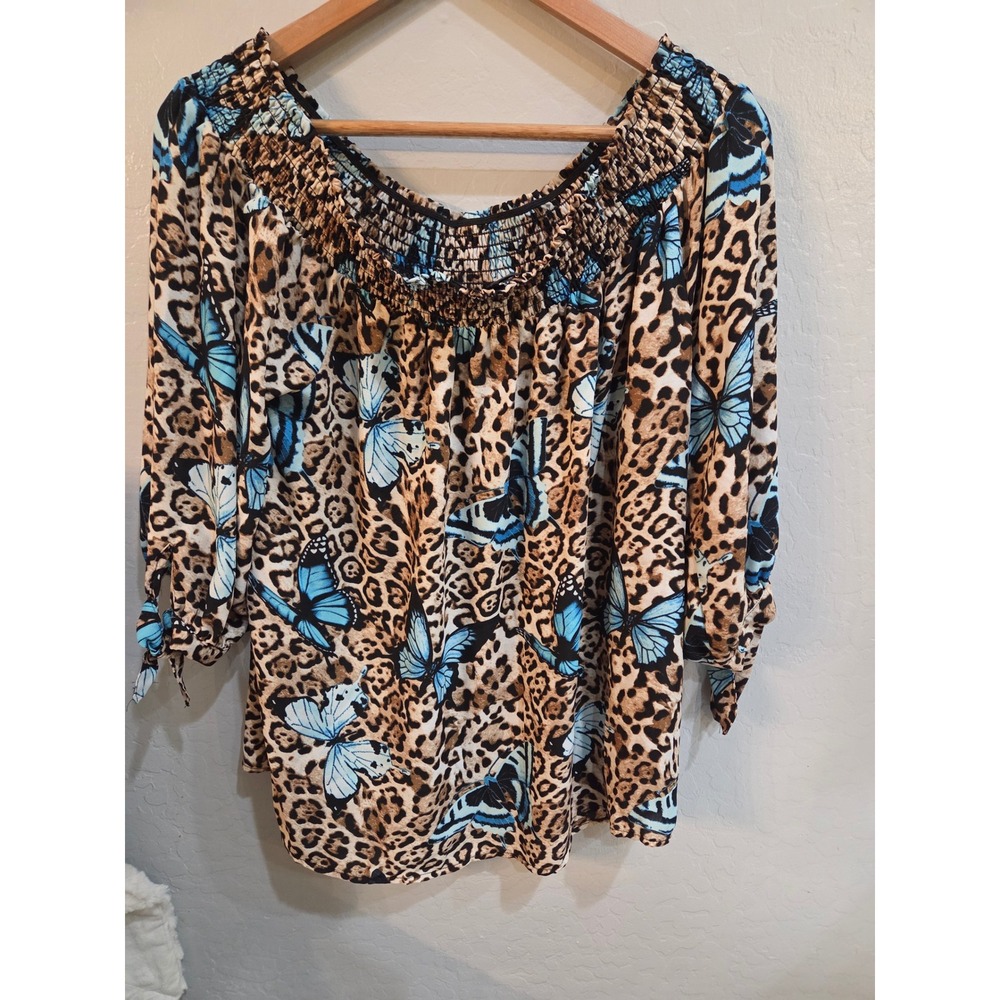 J for J Leopard Butterfly Print Smocked Off Shoulder Blouse Top 1X Blue Brown